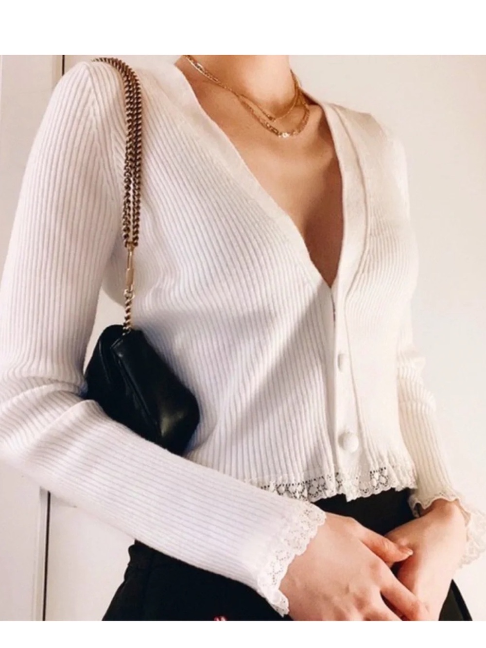 For Love And Lemons Cream Ribbed V-Neck Button Cardigan with Lace Trim
